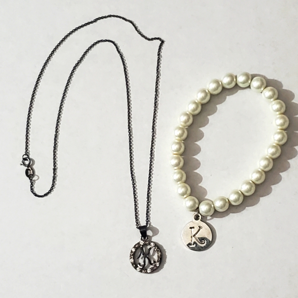 K initial sterling silver necklace pearl bracelet MSC glass set monogram letter